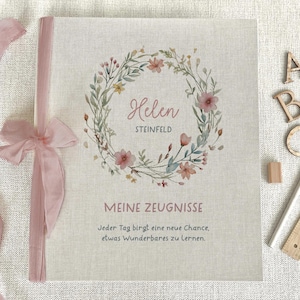 Zeugnismappe Helen, Mädchen, Zeugnisse, Ordner, Schule, personalisiert, Leinen, Beige