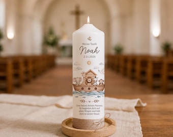 Personalized christening candle “Noah” with Noah’s Ark motif – modern candle for christening including gift box