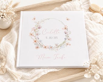 Guest book baptism personalized, flower wreath Carlotta, memory book, baptism, communion, confirmation, gift, beige