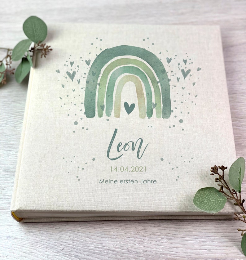 Photo album, personalized, baby, child, rainbow 2, green, gift, birth, baptism, beige image 2