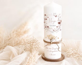 Christening candle with dried flowers Maya, flower wreath, modern, high-quality, candle, christening, communion, confirmation, beige, personalized
