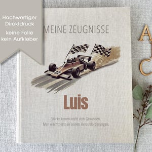 Hochwertige Zeugnismappe Luis, Formel 1, Rennwagen, Zeugnisse, Ordner, Schule, personalisiert, Leinen