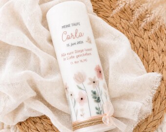 Personalized christening candle Carla with ribbon & floral band | Modern christening candle in rose and nude