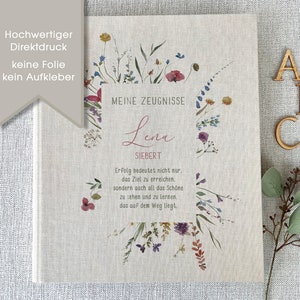Zeugnismappe personalisiert, Lena, Mädchen, Zeugnisse, Ordner, Schule, Leinen, Beige