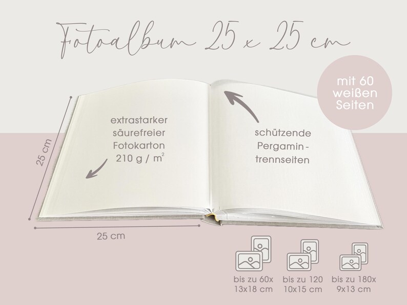 May include: A white photo album with 60 pages, measuring 10 inches by 10 inches. The album features extra-thick, acid-free photo paper with a weight of 210 grams per square meter. It also includes protective parchment dividers.