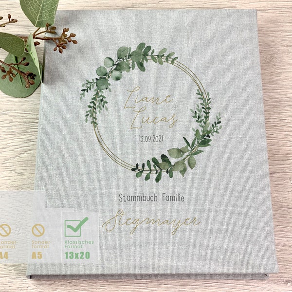 Family register, classic format, wreath of leaves 5, family register, eucalyptus, register, gray