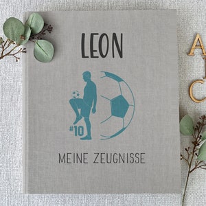 Zeugnissmappe personalisiert Leon, wichtige Dokumente, Junge, Ordner, Sport, Stundenplan, Fussball, Leinen, Grau