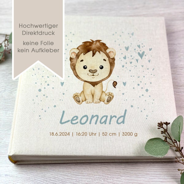 Fotoalbum, Personalisiert, Baby, Kind, Erinnerungsalbum, Löwe, Geschenk, Geburt, Beige, Leinen