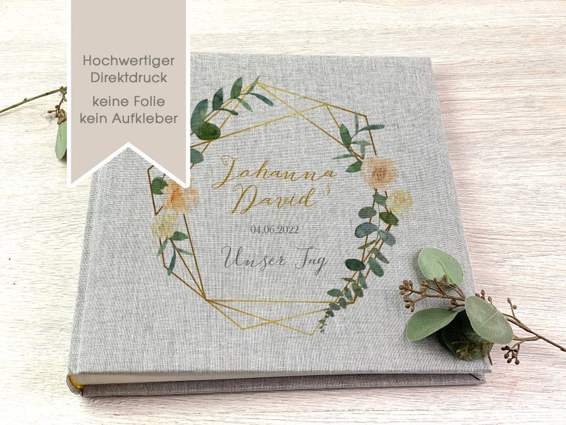 Fotoalbum, Personalisiert, Eukalyptuskranz, Hochzeitsalbum, Hochzeit, Geschenk, Hochzeitsgeschenk, Grau Bild 1