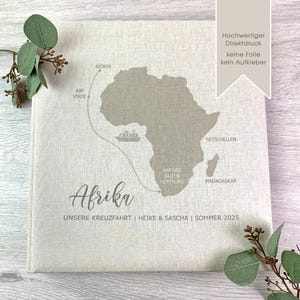 Fotoalbum personalisiert, Urlaubsalbum, Reisefotoalbum, Weltkarte, Afrika, Australien, Kreuzfahrt, Geschenk, Leineneinband, Beige