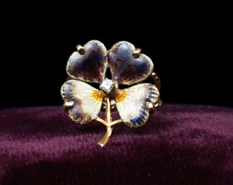 Anillo antiguo de trébol esmaltado victoriano - Talla 5 - Oro amarillo de 14 quilates - Flor - Diamante - Pensamiento - Anillo de compromiso - Aniversario