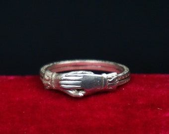 Antique 1890s Victorian Fede Gimmel Ring - Sterling Silver - Size  5.5 5 1/2 - Clasped Hands - Handshake - Engagement - Articulated