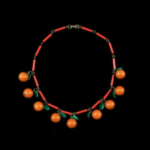 Vintage 1940's Bakelite Necklace Orange Bakelite Fruit Celluloid Green Leaves Dangle Statement Novelty Collectible Jewelry Rare image 1