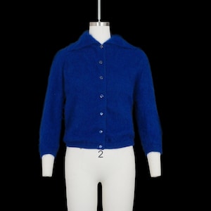 Vintage 1950s Blue Angora Sweater - Collar - Button Front Cardigan  - Fuzzy Fluffy - Small / Medium