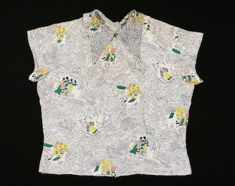 Vintage 1940s Novelty Print Blouse - Geisha - Pagoda - Fans - Asian -  Collar Blouse  - XS / Small - Size 32