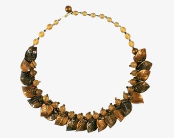 Vintage 1930s Leaf & Bead Necklace - Crochet Choker - Brown Gold - Woven - Costume - Fall Fashions - Autumn