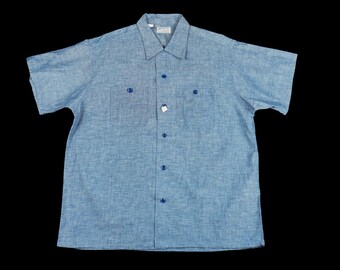 Vintage 1950's Chambray Button Down - Loop Collar - Sanforized Cotton - Short Sleeve - Selvedge Denim - Blue -  Large