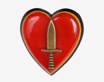 Vintage RARE 1940's Bakelite Heart Brooch - Patriotic WWII - Laminated - Red White Blue - Sword - Costume Jewelry - Collectible