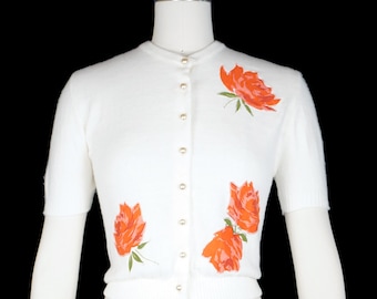 Vintage 1950s Rose Appliqué Cardigan  - Acrylic - Short Sleeve - White - Red - Floral Bolero - Small / Medium