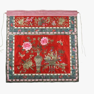 Antique Embroidered Silk Chinese Altar Hanging - Red Frontal - Gold - Floral Butterfly Sword Pomegranate Rose - Mirror - Rare Museum Quality