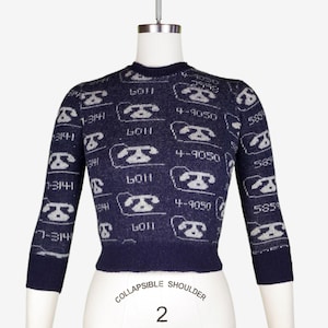 Vintage 1940-tals telefontröja - Telefonnummer - Rotary - Marinblå Vit - Ull - Glengarry - Jacquardtröja - Novelty - Extra liten XS