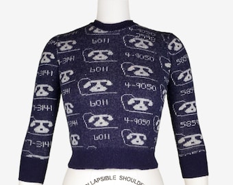 Vintage 1940s Telephone Sweater - Phone Numbers - Rotary - Navy Blue White - Wool - Glengarry - Jacquard Pullover - Novelty - Extra Small XS