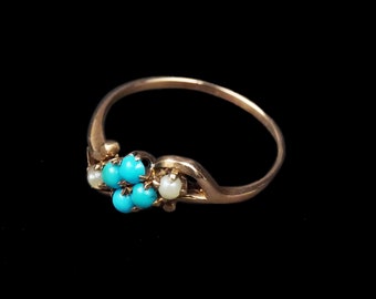 Antique Victorian Bypass Ring - Turquoise Flower - Pearl - 14K Gold - Floral - Romantic - Size 6