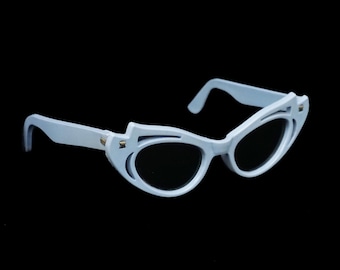 Vintage 1950's Cat Eye Sunglasses - Baby Blue - Cut Outs - Winged -  Deadstock - Green Lens