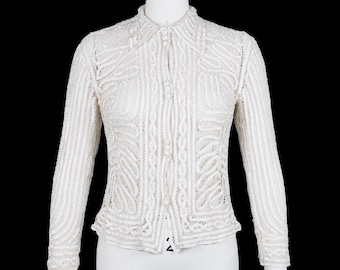 Vintage 1930s Tape Lace Blouse - Soutache - Crochet - Sheer Button Down- Collar - Open Work - Small