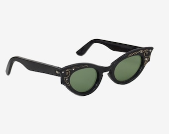 Vintage 1950&#39;s Cat Eye Sunglasses - Black & Gold - Rhinestones - Hand Painted -  Deadstock - Green Lens