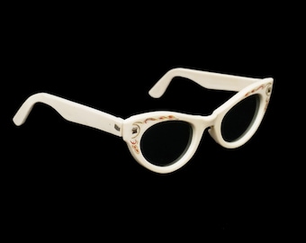 Vintage 1950's Cat Eye Sunglasses - White, Gold & Orange - Hand Painted Swirl -  Deadstock - Green Lens