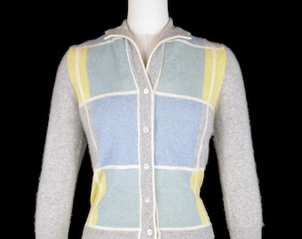 Vintage 1950s Cashmere Cardigan - Bernhard Altmann - Intarsia Plaid - Collar - Button Front - Long Sleeve - Small Medium