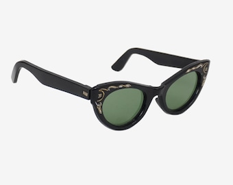 Vintage 1950's Cat Eye Sunglasses - Black, Gold & White - Hand Painted Swirl -  Deadstock - Green Lens