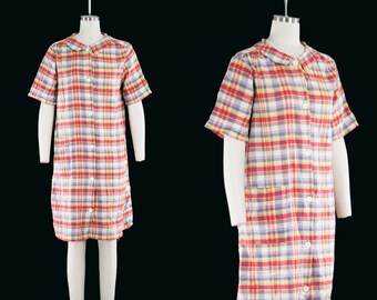 Vintage 1950s Bleeding Plaid Day Dress -  Madras - Peter Pan Collar - Short Sleeve - Button Front - Women's Large  - 12 - 14