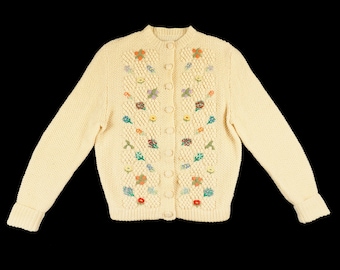 Vintage 1950s Popcorn Sweater - Long Sleeve - Flower Embroidered - Bobble - Pom Pom - Folk - Cream - Medium