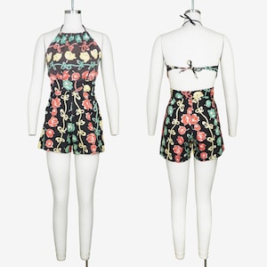 Vintage 1930er Jahre Playsuit - One Piece - High Waisted Shorts - Neckholder Top - Floral - Offener Rücken - Baumwolle - Strampler