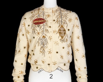 Vintage 1950s Beaded Cardigan - Gene Shelly Inspired - Christmas Ornament - Holiday - Long Sleeve - Medium Large