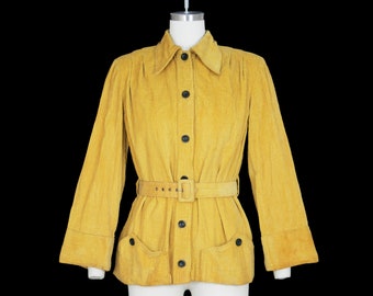 Vintage 1940s Corduroy Swing Coat - Mustard Yellow - Button Front - Trapeze Coat - Collar - Small Medium