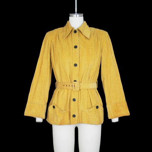 Vintage 1940s Corduroy Swing Coat - Mustard Yellow - Button Front - Trapeze Coat - Collar - Small Medium