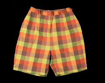 Vintage 1950s Checker Shorts - High Waist - Orange Multi. Color - Print - Small - 24 26 in Waist