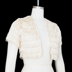 Vintage 1940s Fringe Bolero - Cropped - Short Sleeve - Open Front - Cream - Small