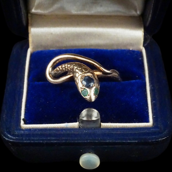 Vintage Victorian Snake Ring - 14K Gold - Emerald Eyes - Sapphire Gem Stone - Serpent - Blue Green - Size 6.75 - Rare