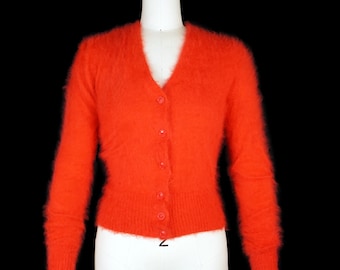 Vintage 1950s Angora Sweater - Red - Button Front Cardigan  - Fuzzy Fluffy - Italy - Small / Medium