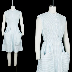 Vintage 1950s Big Pocket Dress - Blue Stripe Cotton - Sleeveless - Fit Flare - Extra Small / Small XS - 36 38 Bust 26 Waist