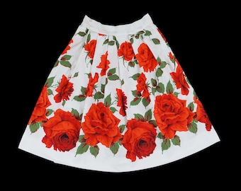 Vintage RARE 1950s Rose Print Skirt - Floral - Red White - Novelty Pattern  - Extra Small - 25 26 in waist
