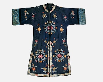 Antique Qing Embroidered Silk Chinese Jacket - Blue - Silk - Butterfly - Floral Embroidery - Flowers - Rare Museum Quality