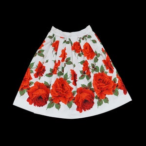 Vintage RARE 1950s Rose Print Skirt - Floral - Red White - Novelty Pattern  - Extra Small - 25 26 in waist