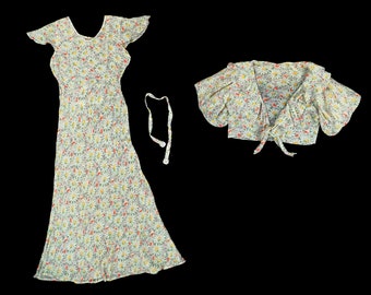 Vintage 1930s Silk Chiffon Dress - Sheer - Floral Formal Gown - Bolero - Puff Sleeve - Belt - 3 piece Set - Small - 36 Bust 26 28 Waist