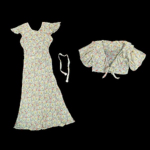 Vintage 1930s Silk Chiffon Dress - Sheer - Floral Formal Gown - Bolero - Puff Sleeve - Belt - 3 piece Set - Small - 36 Bust 26 28 Waist