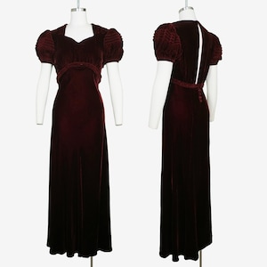 Vintage 1930s Velvet Gown - Sweetheart Neckline - Ruched Puff Sleeves - Shirred - Open Back - Short Sleeve - Wine Red - Small Medium